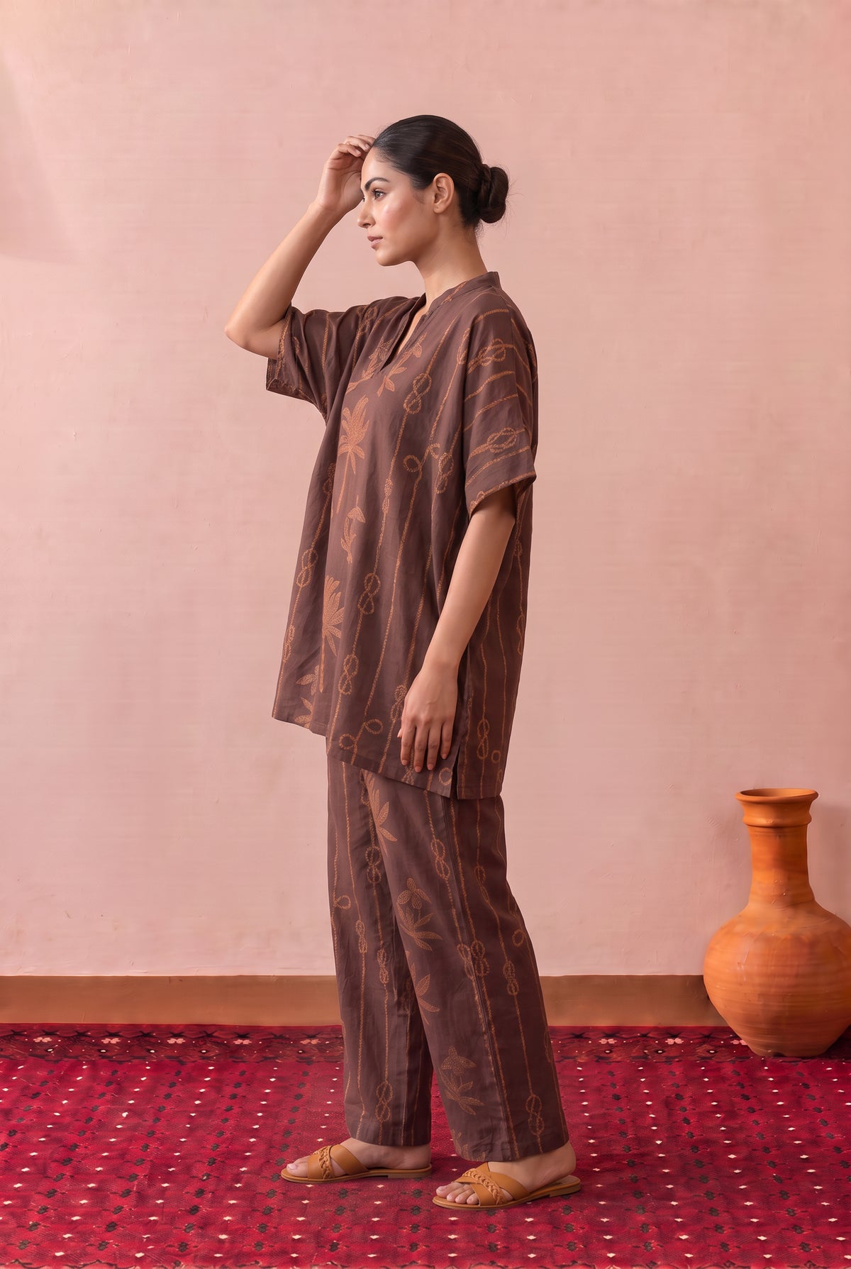 Brown Chestnut Palm Trail Printed Cotton Co-ord Set