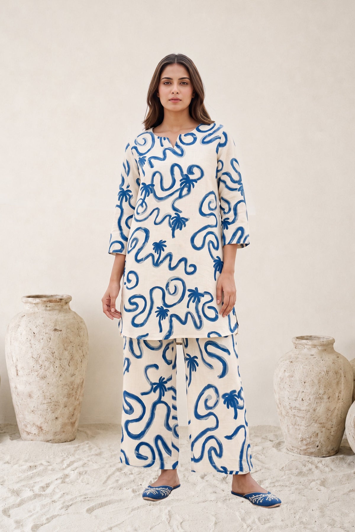 Off White Blue Wave Print Cotton Flex Co-ord Set