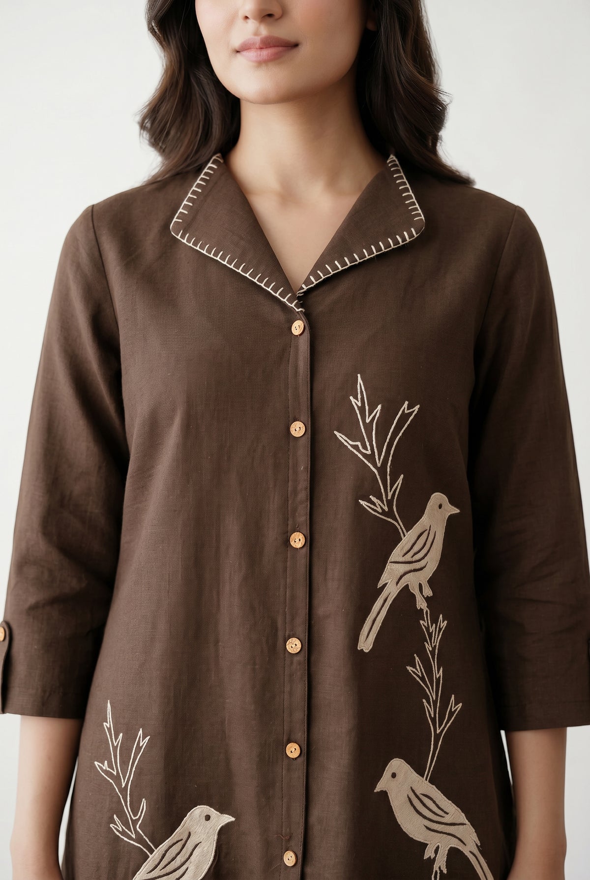 Brown Bird Motif Embroidery Shirt Collar Cotton Co-ord Set