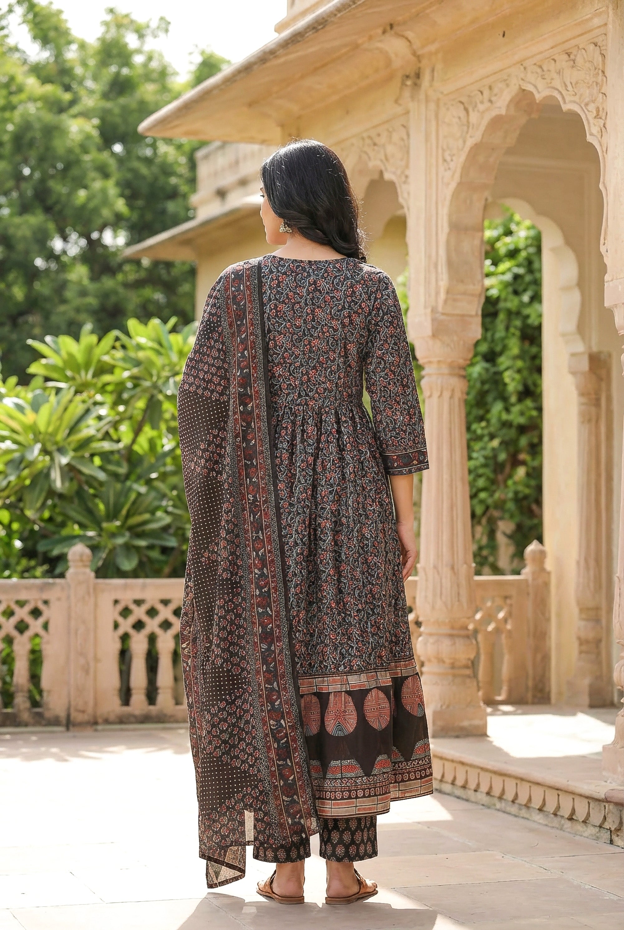 Midnight Black Ajrakh Printed Kurta Set with Pants & Dupatta