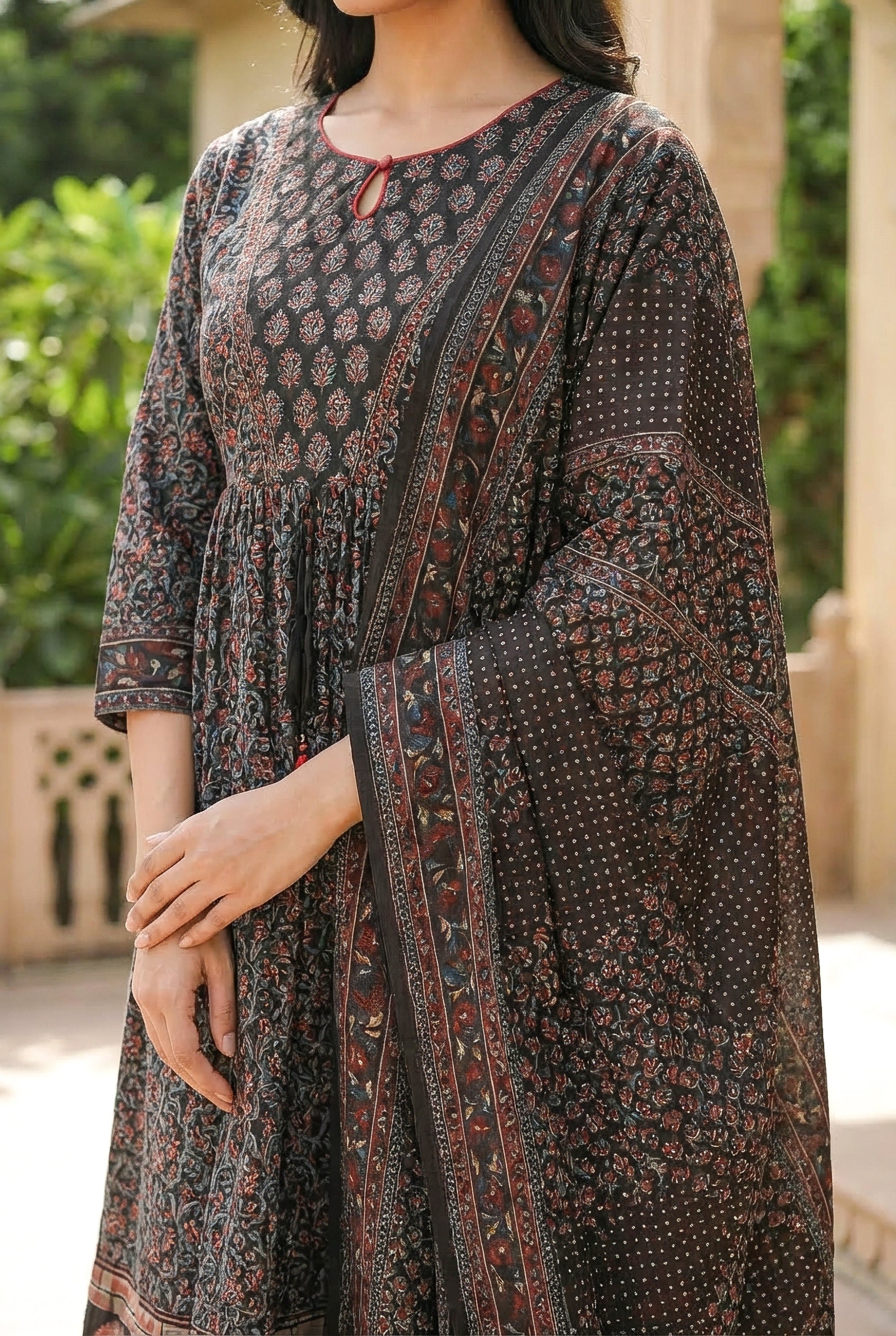 Midnight Black Ajrakh Printed Kurta Set with Pants & Dupatta