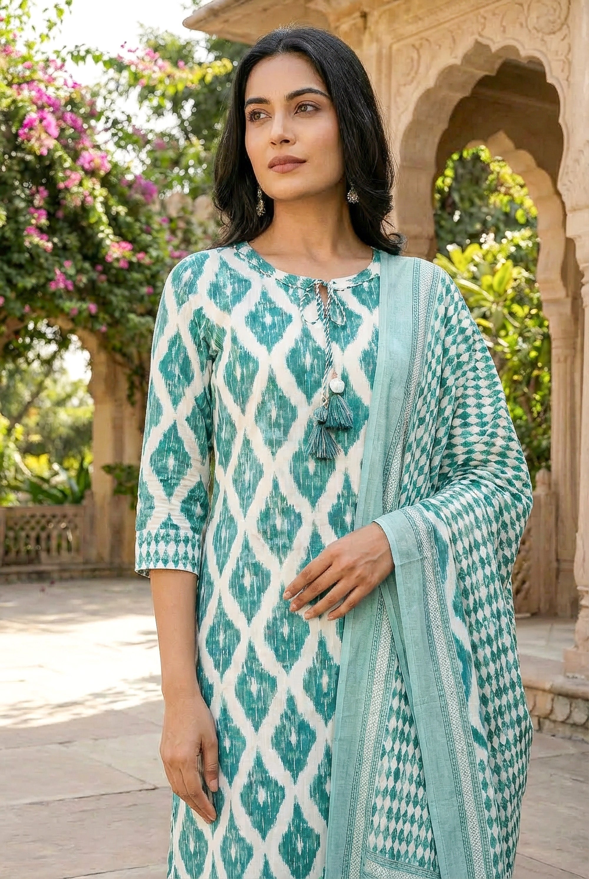 Teal Ikat Printed with Palazzo Pants & Dupatta
