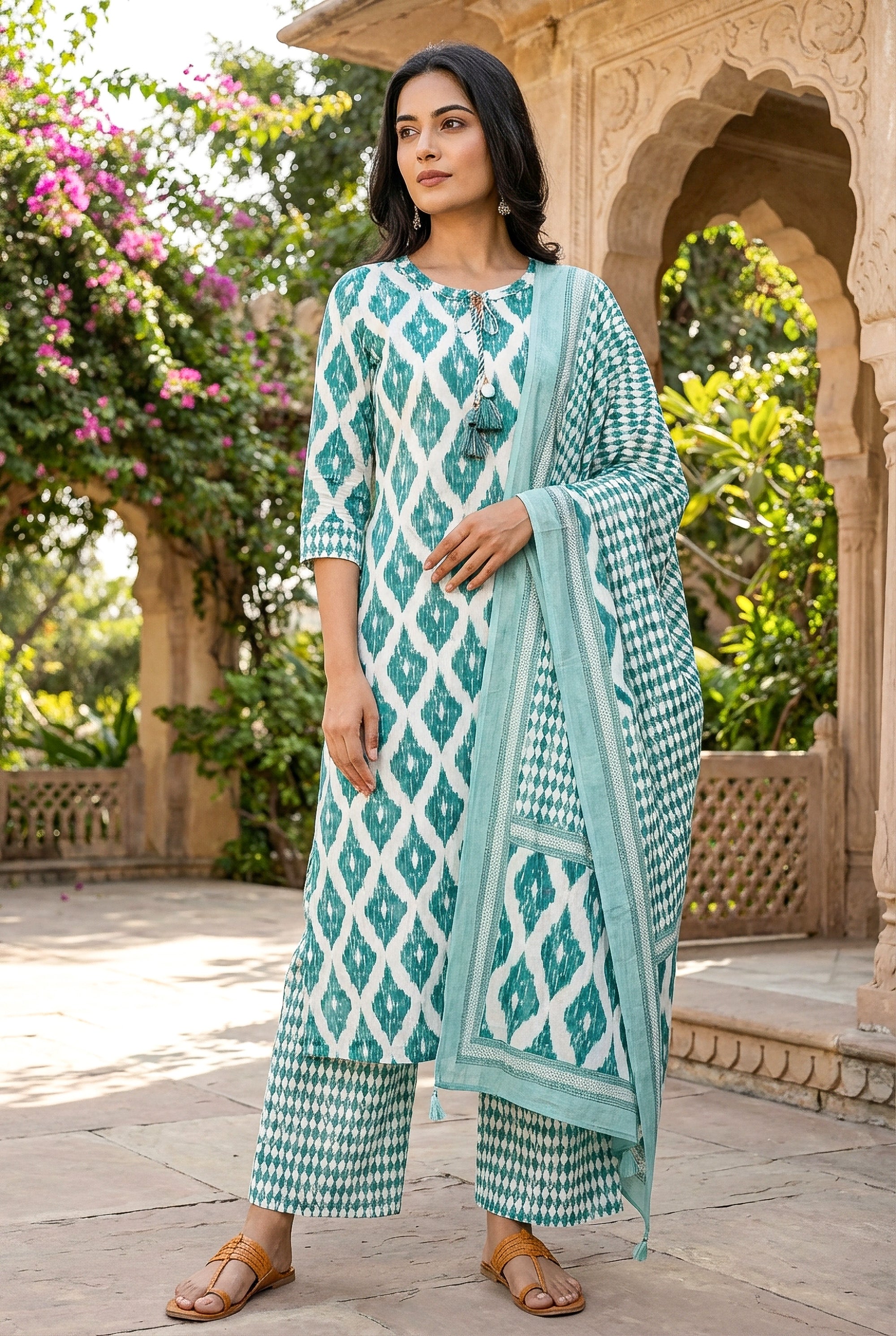 Teal Ikat Printed with Palazzo Pants & Dupatta