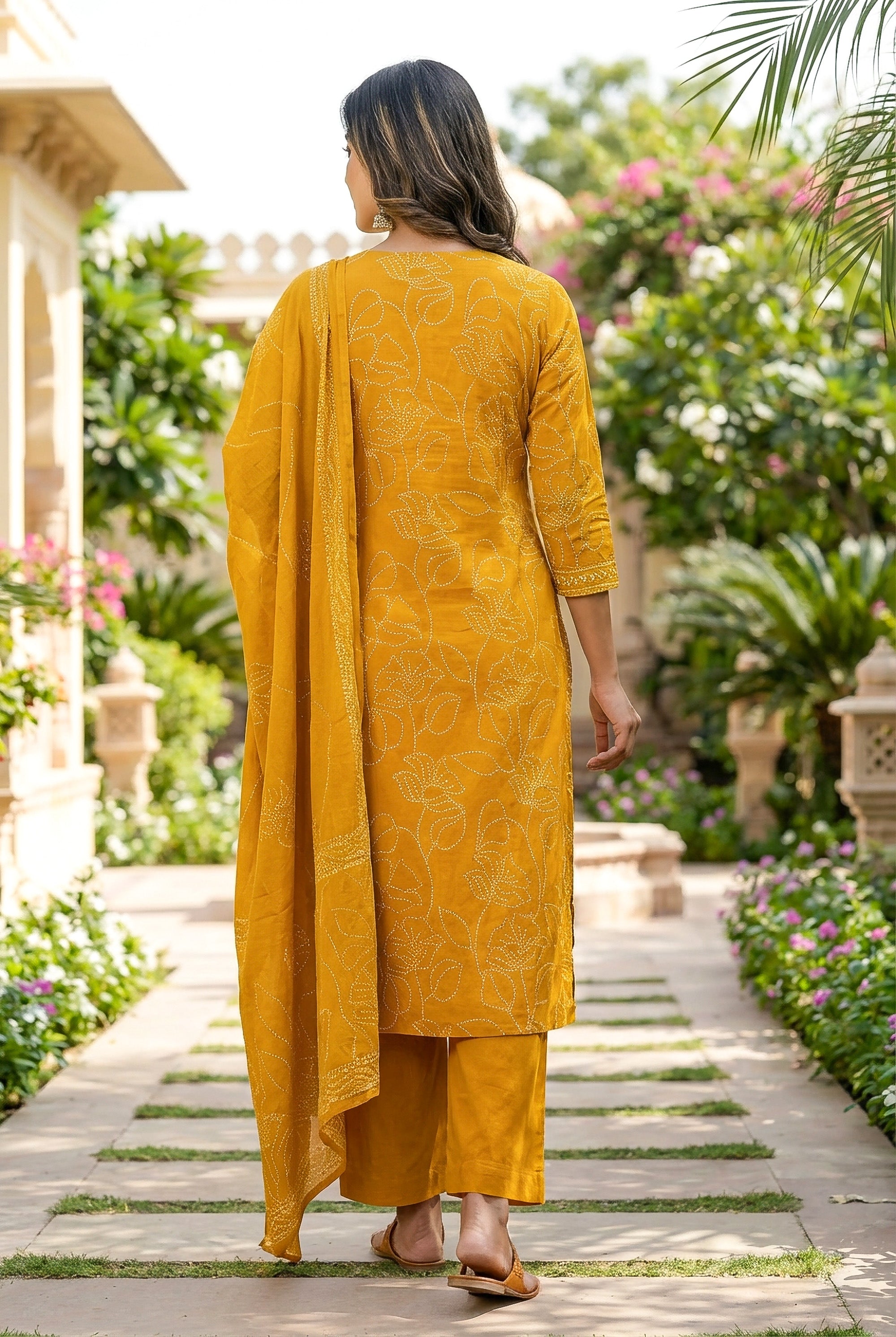 Elegant Mustard Floral Embroidered Kurta Set with Dupatta