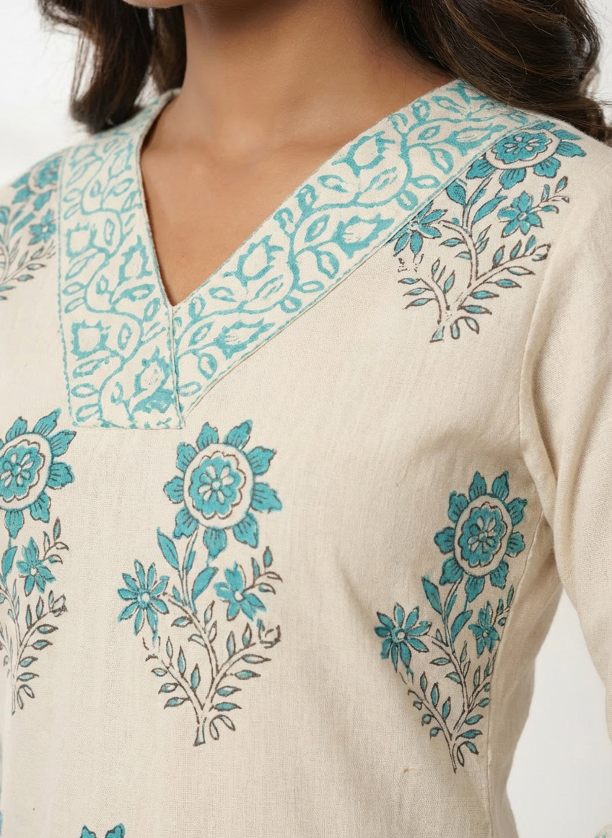 Cream & Aqua Floral Printed Straight Kurta with Palazzo Pants