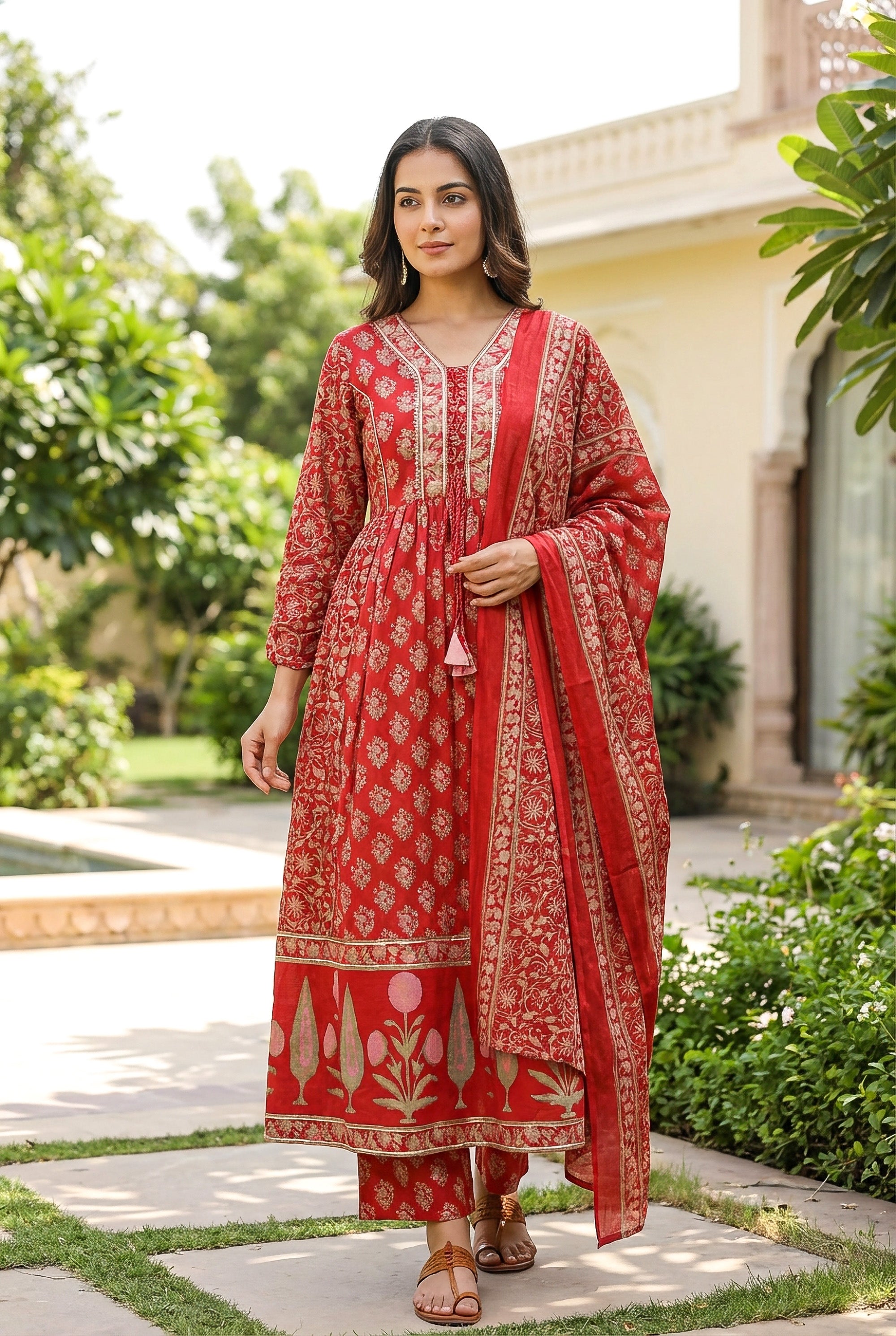 Red Floral Printed Anarkali Kurta Set with Dupatta