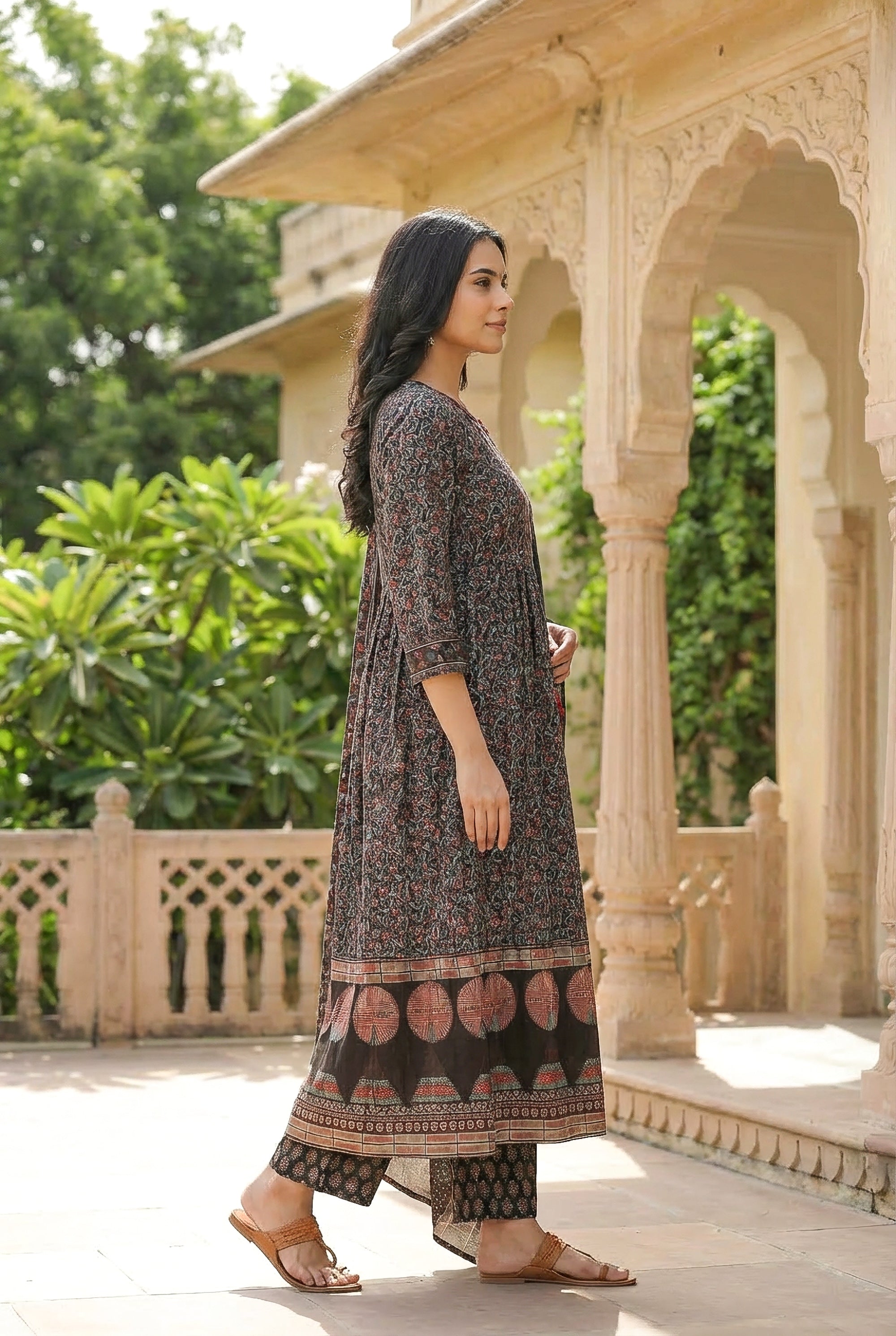 Midnight Black Ajrakh Printed Kurta Set with Pants & Dupatta