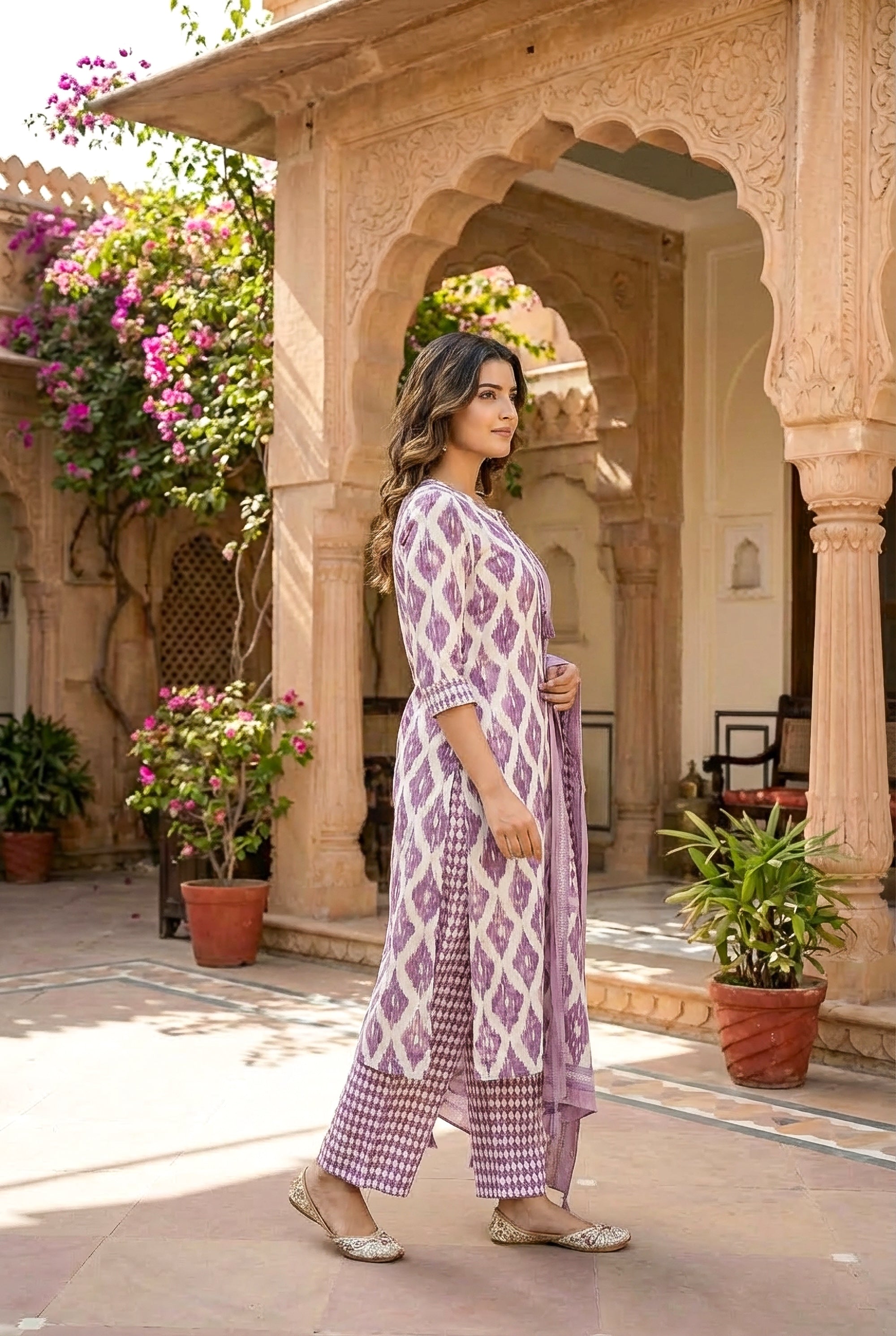 Lavender Ikat Printed Kurta Set with Dupatta