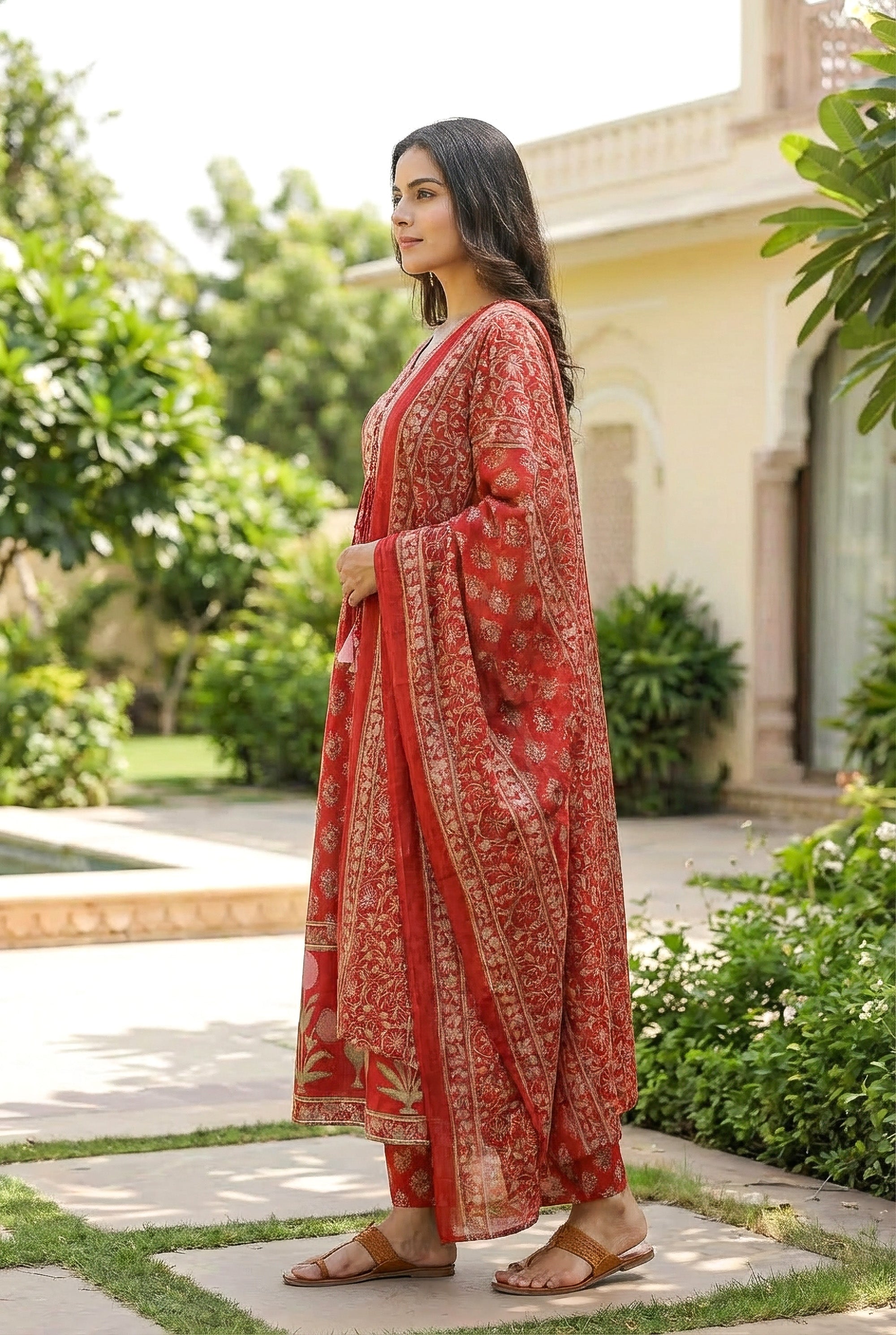 Red Floral Printed Anarkali Kurta Set with Dupatta
