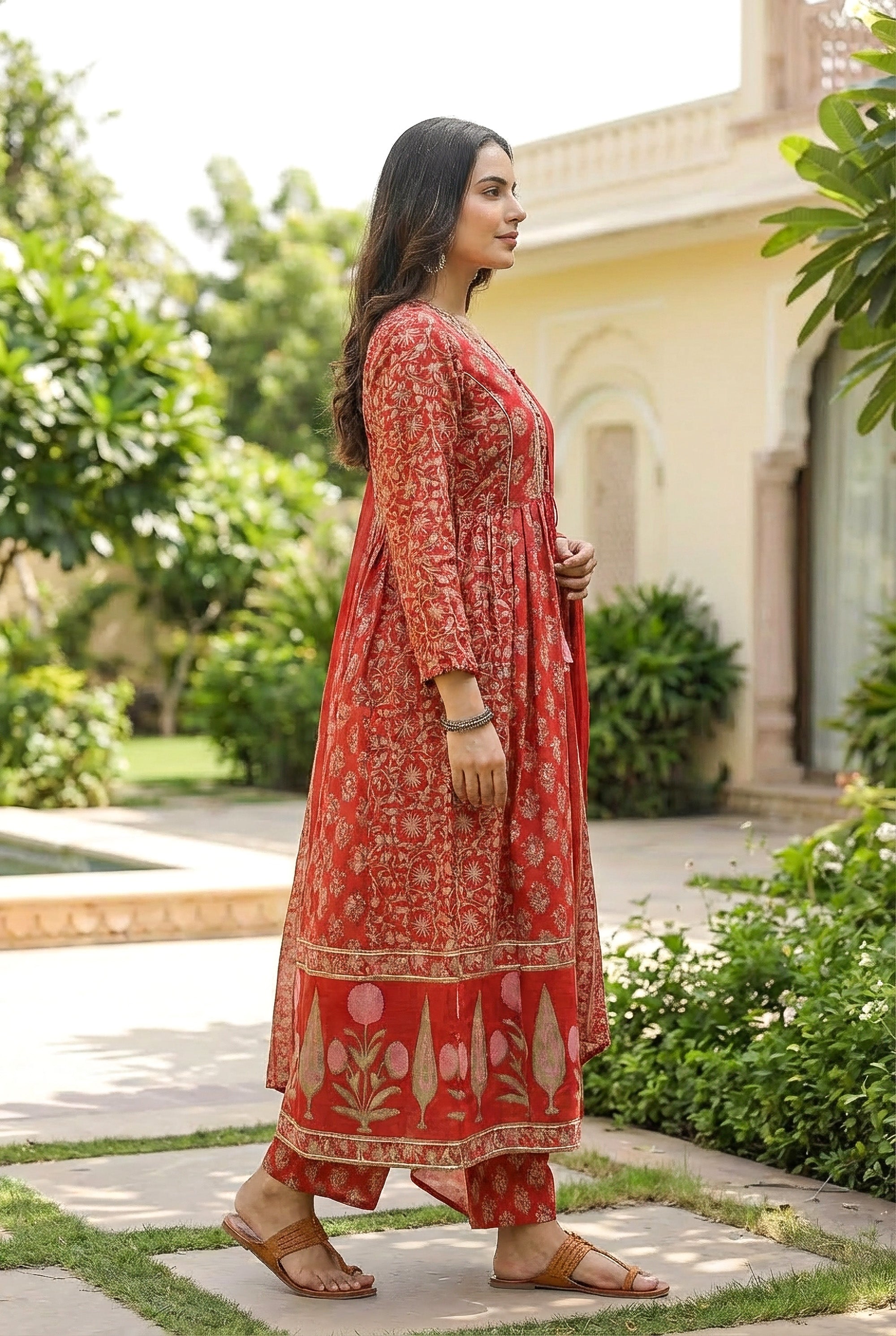 Red Floral Printed Anarkali Kurta Set with Dupatta