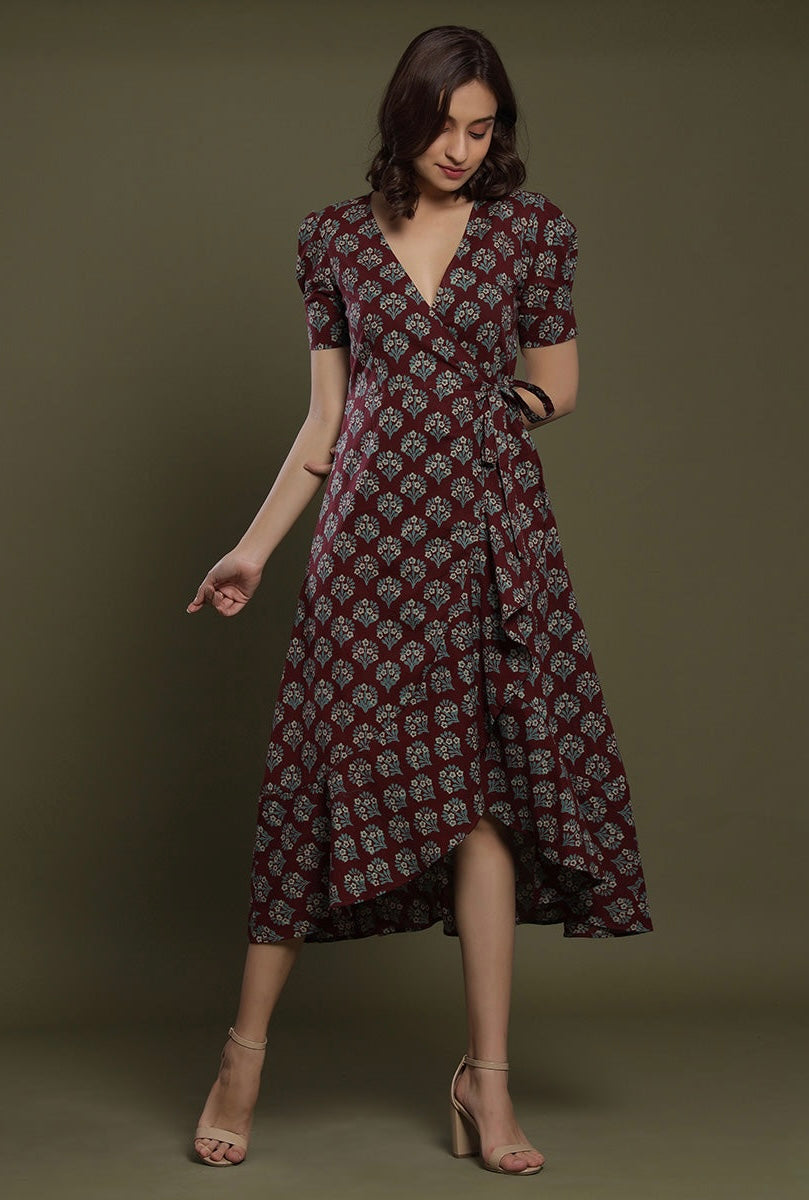 Aloha Mora on Maroon Wrap-around Cotton Dress