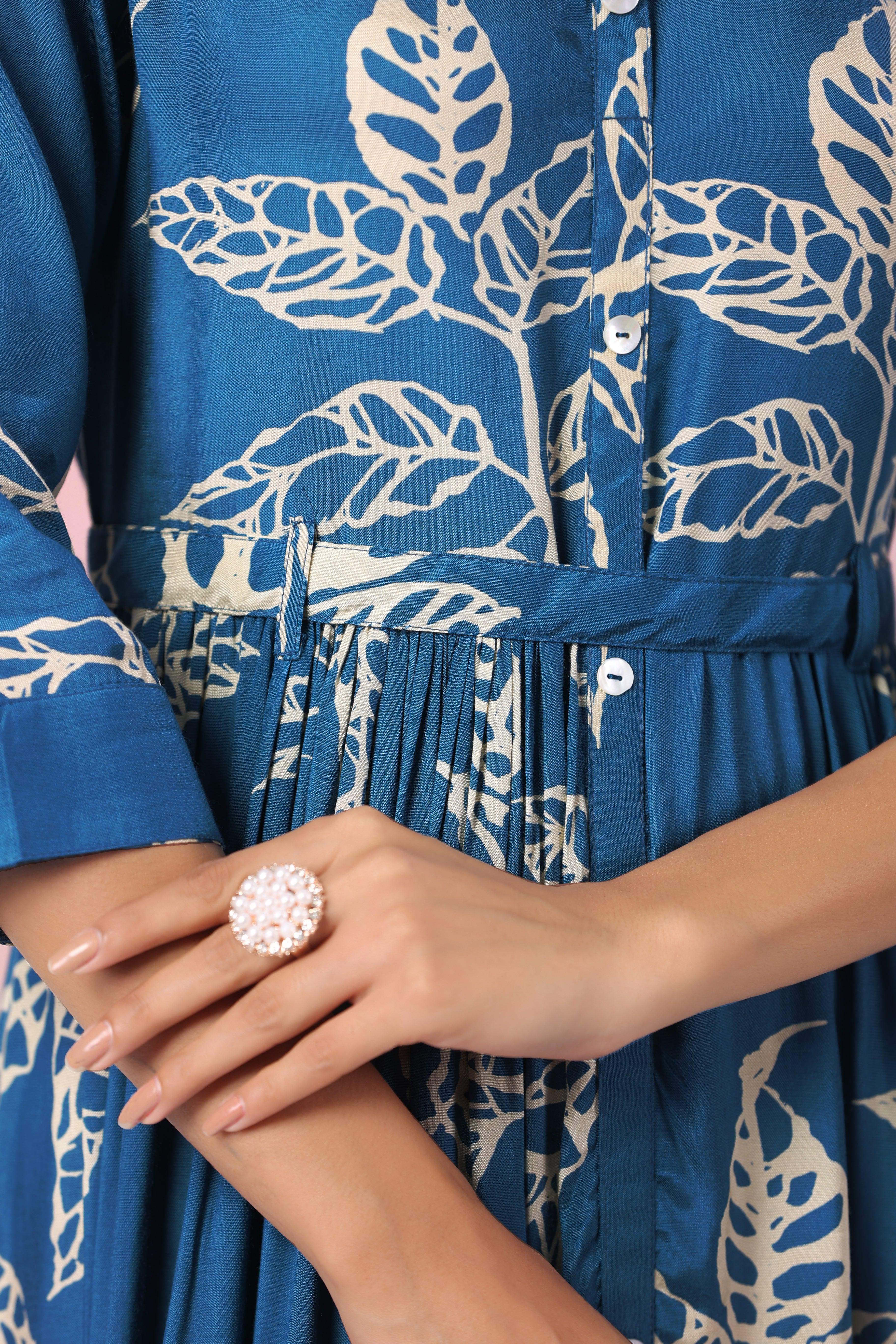 Azure Floral Elegance Russain Silk Dress