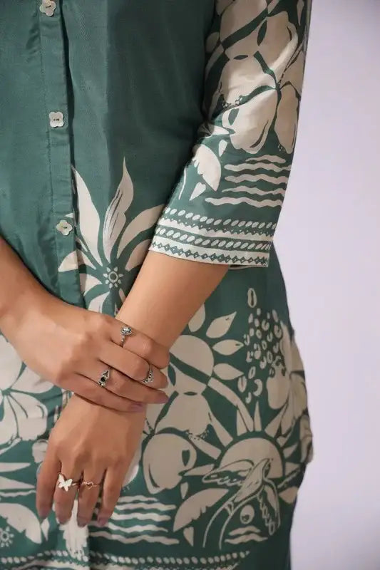 Pista Green Floral Printed Russian Silk Co-ord Set