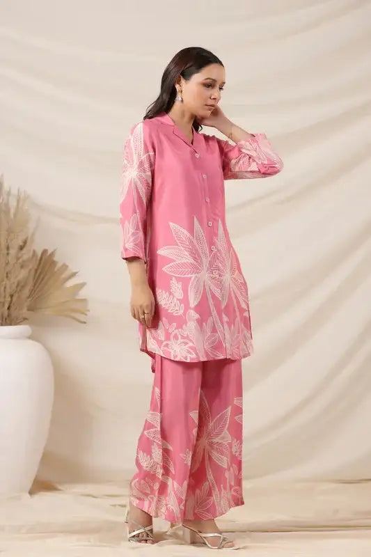 Blush Pink Tropical Print Russian Silk Co-ord Set