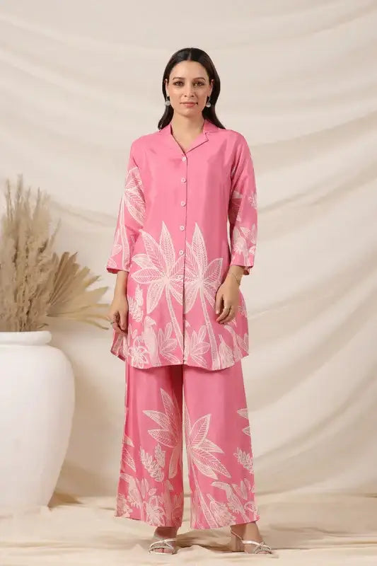 Blush Pink Tropical Print Russian Silk Co-ord Set