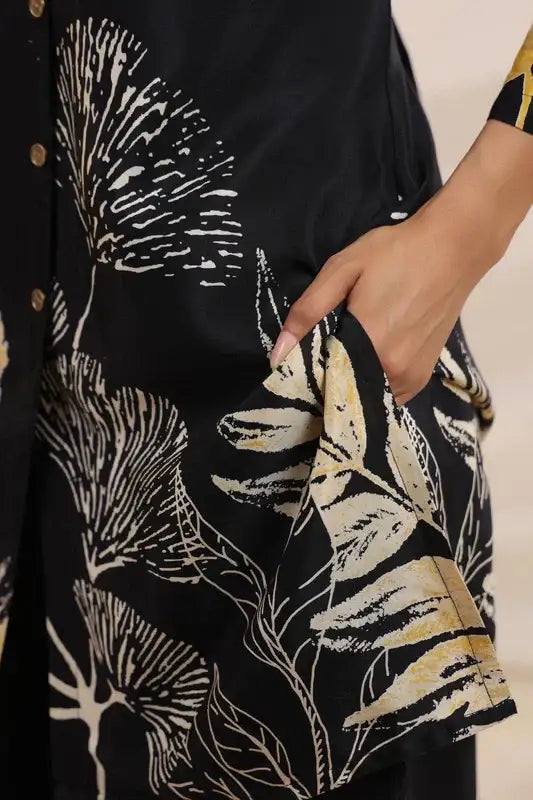Black & Gold Botanical Printed Russian Silk Co-ord Set