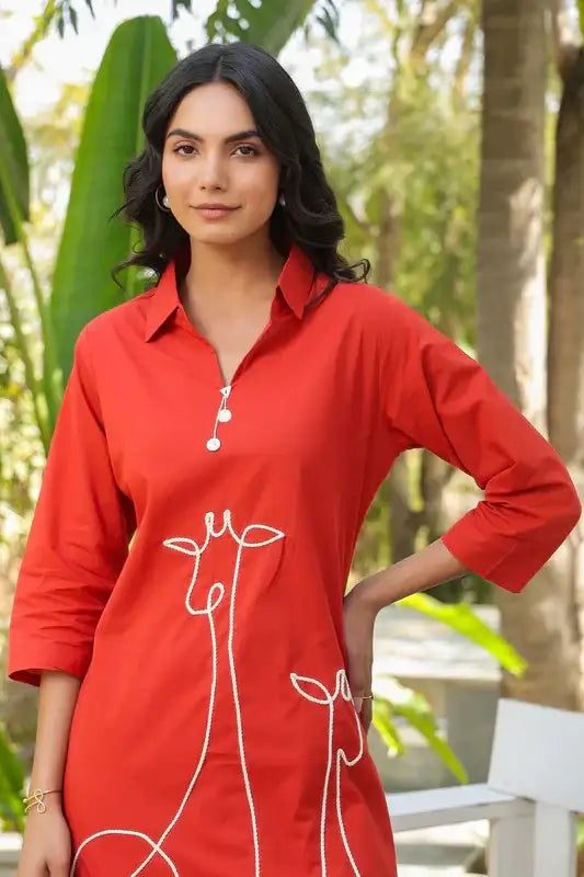 Rust Safari Giraffe Embroidered Cotton Co-ord Set