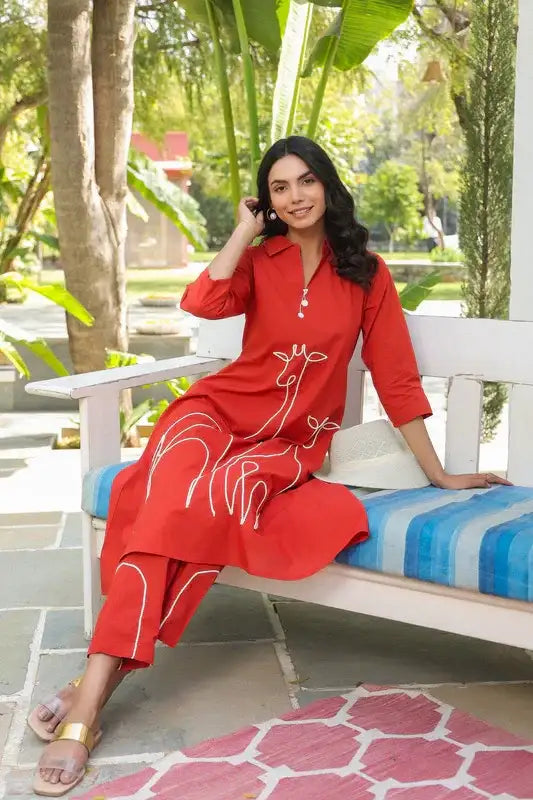Rust Safari Giraffe Embroidered Cotton Co-ord Set