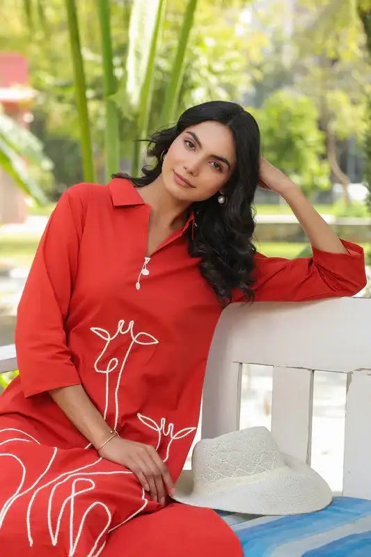 Rust Safari Giraffe Embroidered Cotton Co-ord Set