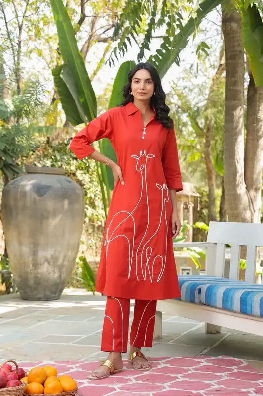 Rust Safari Giraffe Embroidered Cotton Co-ord Set