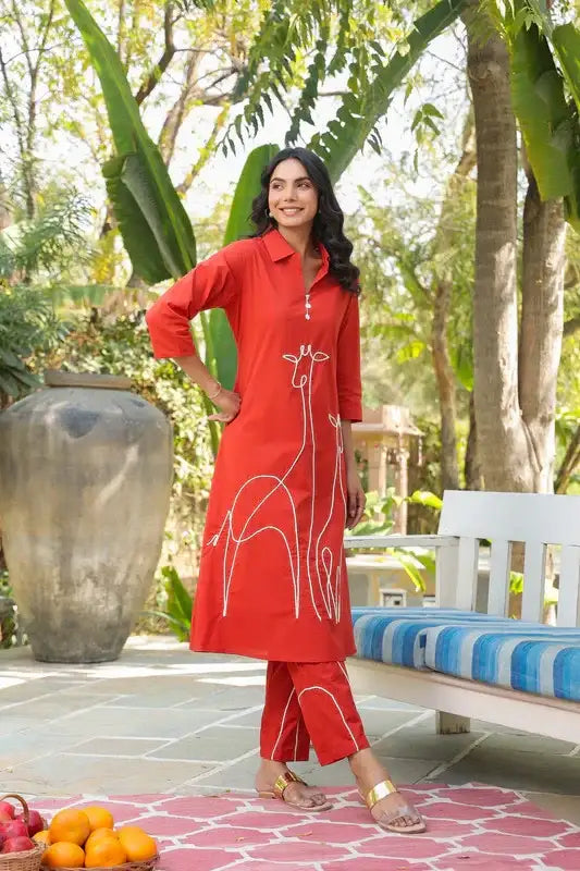 Rust Safari Giraffe Embroidered Cotton Co-ord Set
