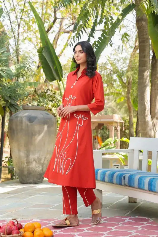 Rust Safari Giraffe Embroidered Cotton Co-ord Set