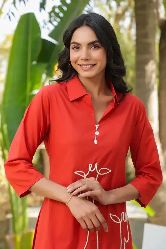 Rust Safari Giraffe Embroidered Cotton Co-ord Set
