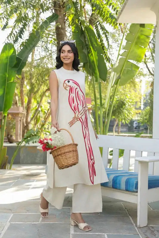 Parrot Embroidered Cotton Flex Co-ord Set