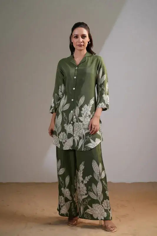 Pista Green Floral Printed Russian Silk Co-ord Set