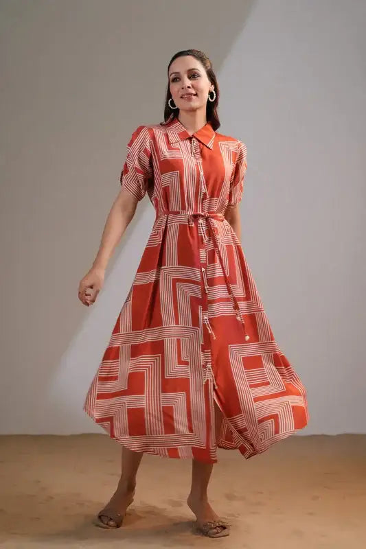 Rust Maze Collared Russian Silk Dress