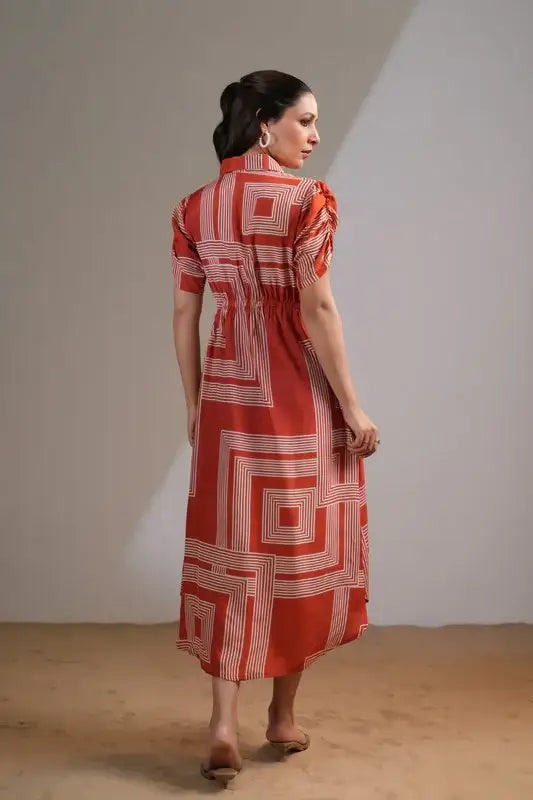 Rust Maze Collared Russian Silk Dress