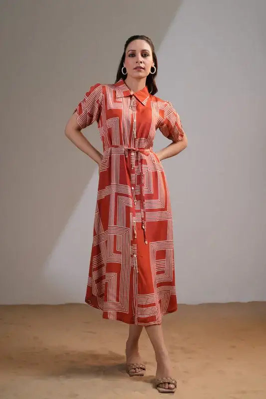 Rust Maze Collared Russian Silk Dress