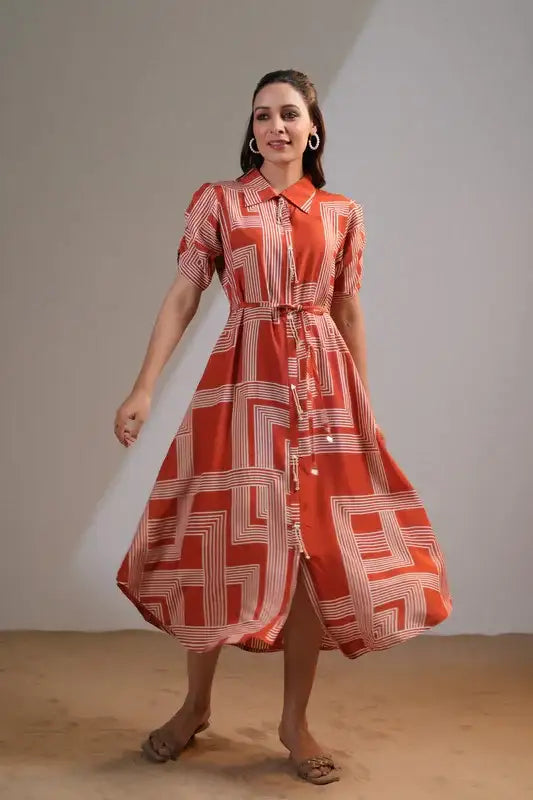 Rust Maze Collared Russian Silk Dress