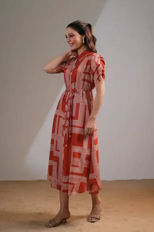 Rust Maze Collared Russian Silk Dress