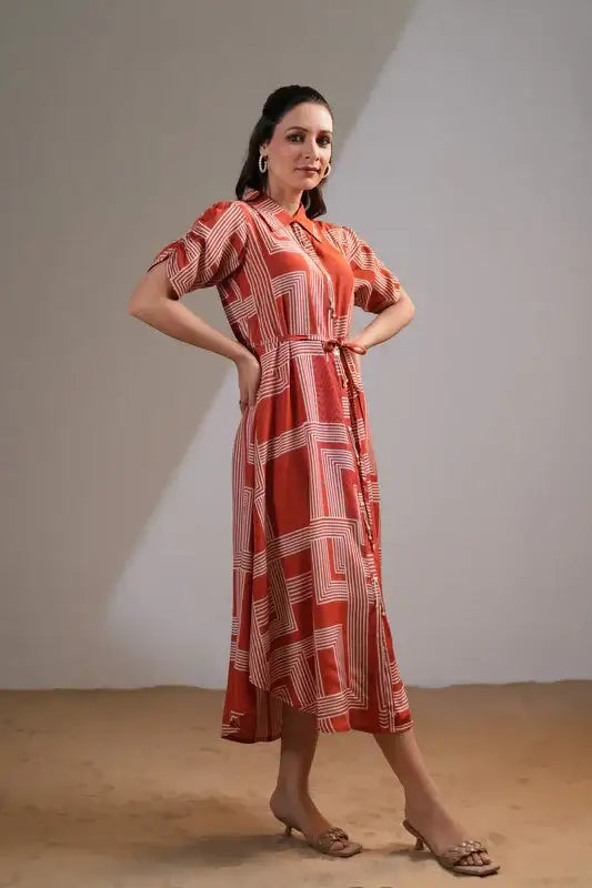 Rust Maze Collared Russian Silk Dress