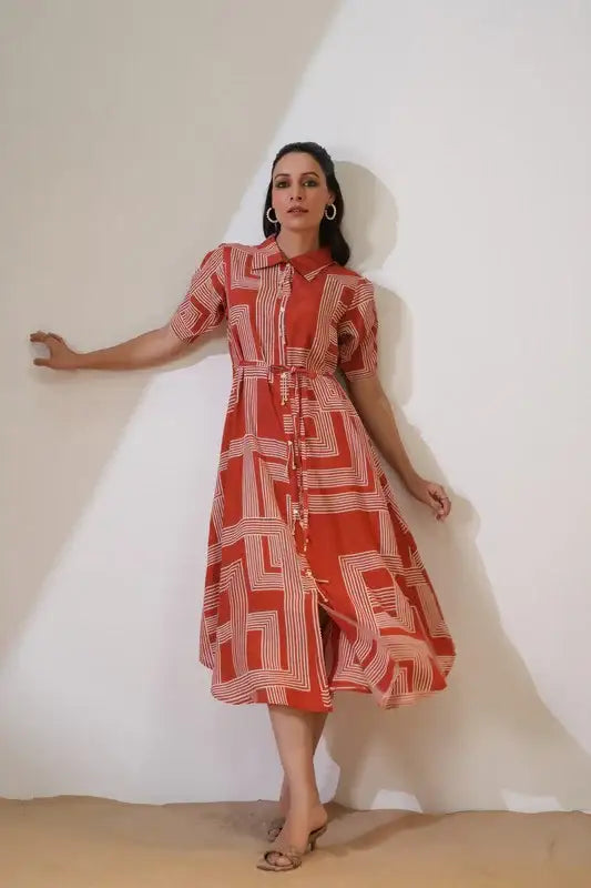 Rust Maze Collared Russian Silk Dress