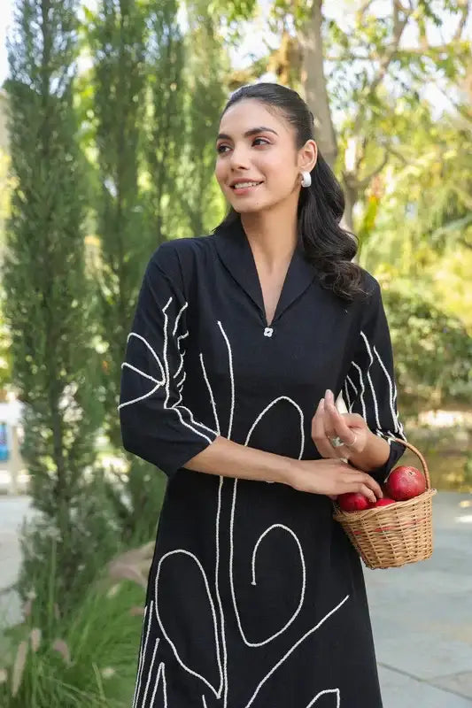 Black Botanical Line Art Embroidered Cotton Dress