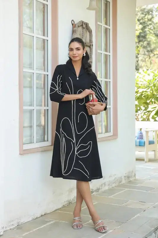 Black Botanical Line Art Embroidered Cotton Dress