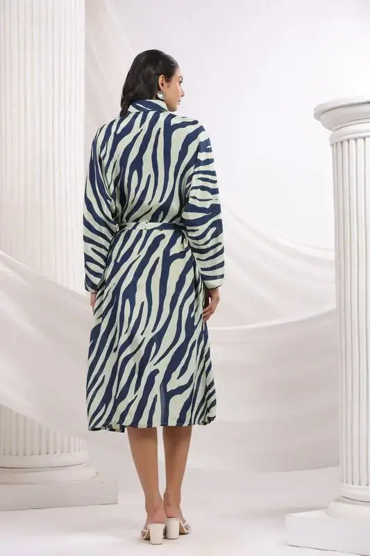 Blue Zebra Printed Shirt Russian Silk Dress