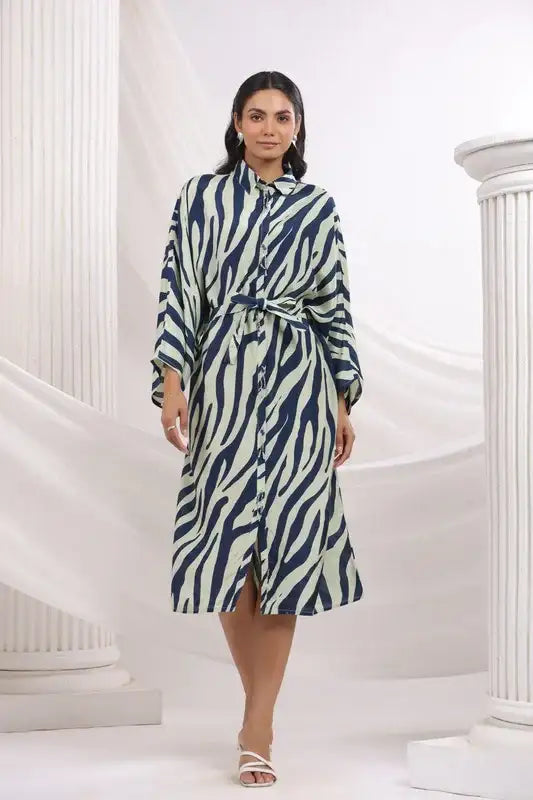 Blue Zebra Printed Shirt Russian Silk Dress