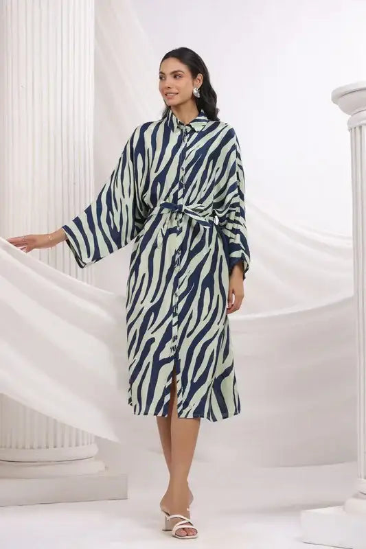 Blue Zebra Printed Shirt Russian Silk Dress