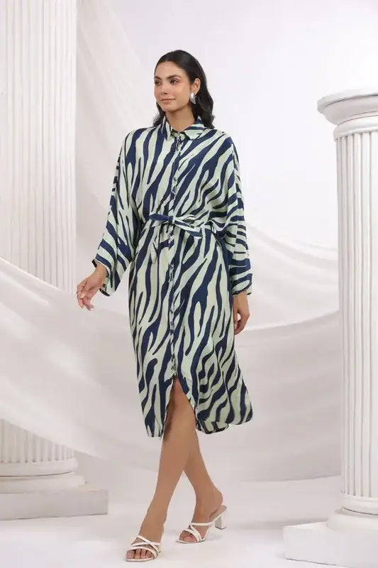 Blue Zebra Printed Shirt Russian Silk Dress