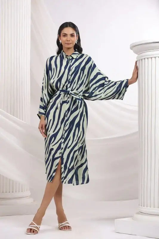 Blue Zebra Printed Shirt Russian Silk Dress