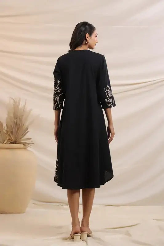 Midnight Black Elegance Flared Cotton Embroidered Dress