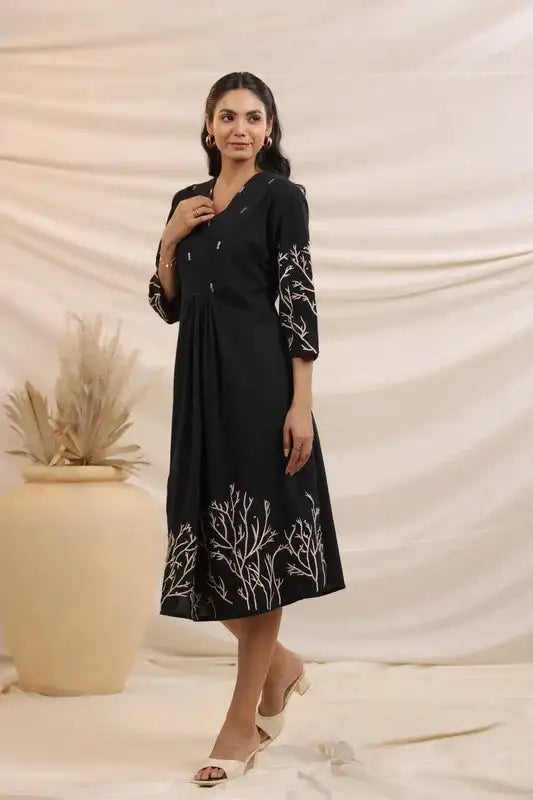 Midnight Black Elegance Flared Cotton Embroidered Dress