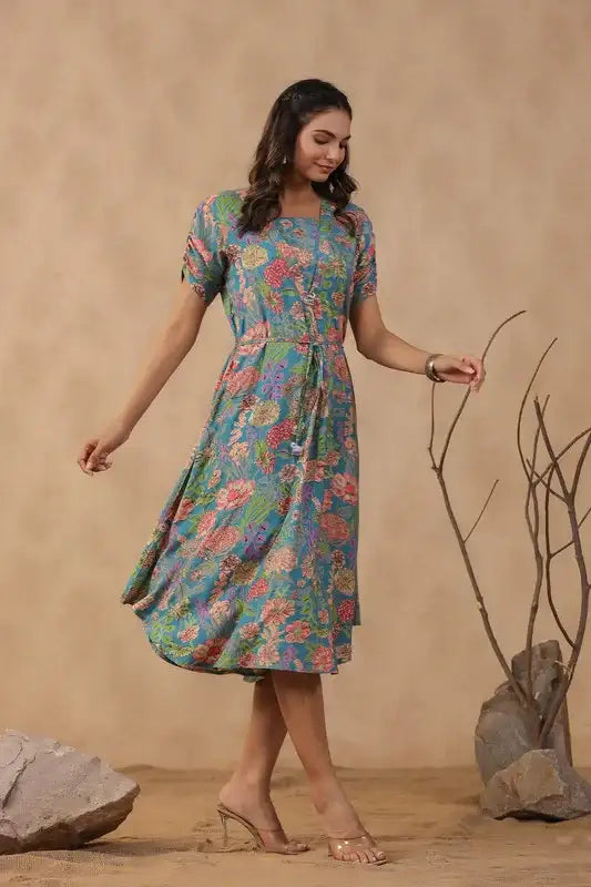 Teal Bloom Cinched-Waist Russian Silk Dress