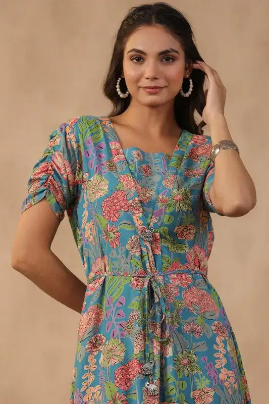 Teal Bloom Cinched-Waist Russian Silk Dress