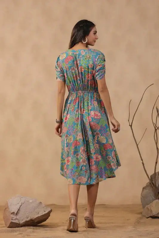 Teal Bloom Cinched-Waist Russian Silk Dress