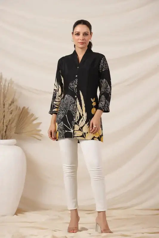 Noir Black Floral Russian Silk Top