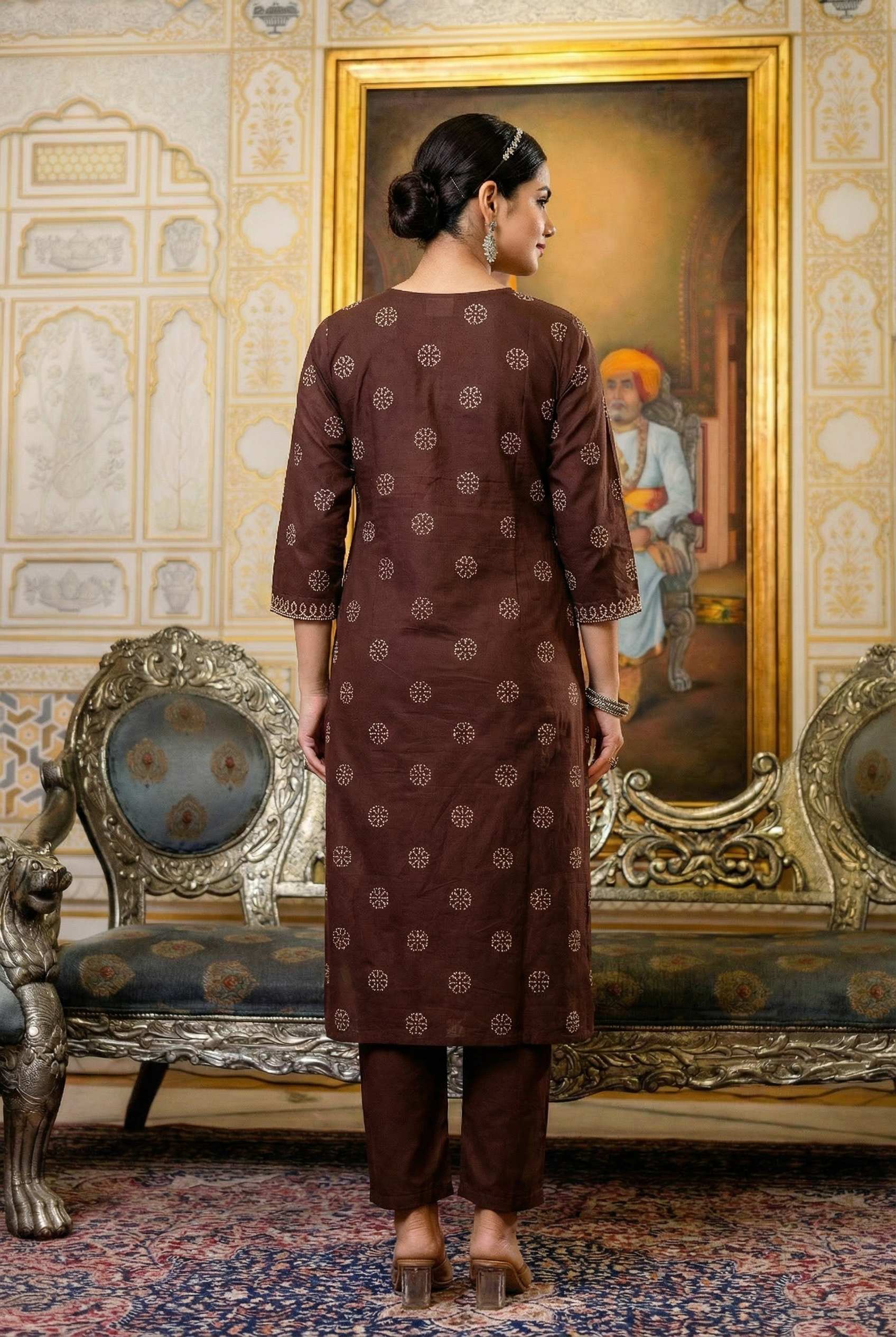 Brown Ethnic Printed Cotton Kurta Pant Set with Contrast Border Dupatta